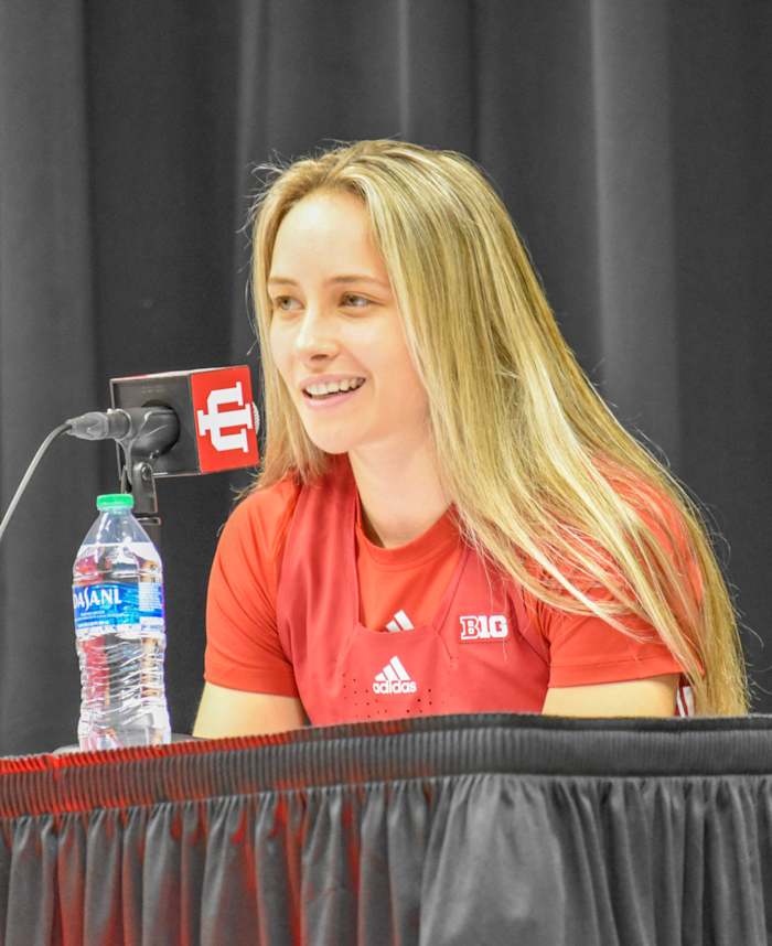 Indiana women's basketball guard Sara Scalia chats with the media on Wednesday during Media Day at Simon Skjodt Assembly Hall.